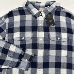 LEVI'S THE WORKER RELAXED FIT MENS XXL Blue White Plaid FLANNEL LONG SLEEVE NWT